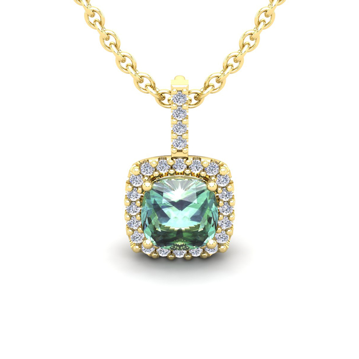 1 Carat Cushion Cut Green Amethyst & Halo Diamond Necklace in 14K Yellow Gold (1.5 g), 18 Inches,  by SuperJeweler