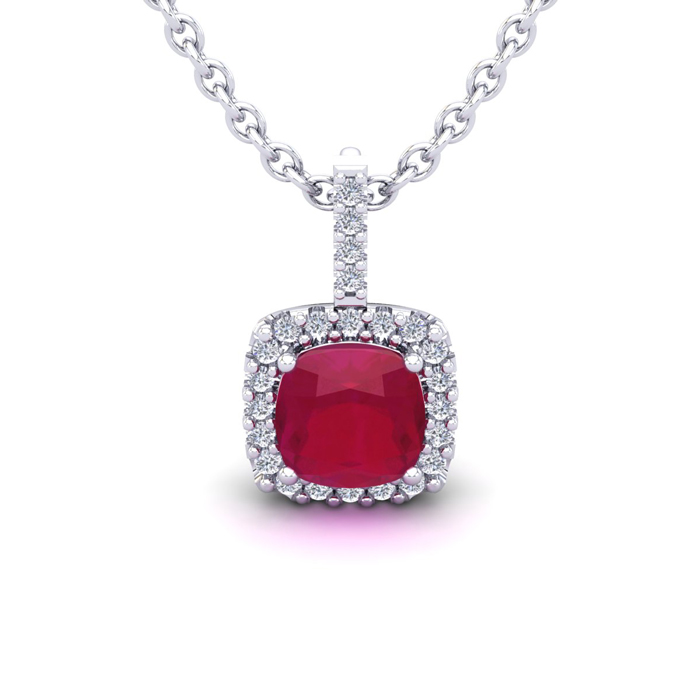 1.5 Carat Cushion Cut Ruby & Halo Diamond Necklace in 14K White Gold (1.5 g), 18 Inches,  by SuperJeweler