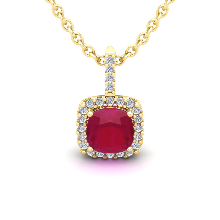 1.5 Carat Cushion Cut Ruby & Halo Diamond Necklace in 14K Yellow Gold (1.5 g), 18 Inches,  by SuperJeweler