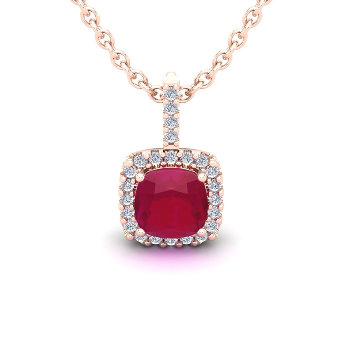 1.5 Carat Cushion Cut Ruby & Halo Diamond Necklace in 14K Rose Gold (1.5 g), 18 Inches,  by SuperJeweler