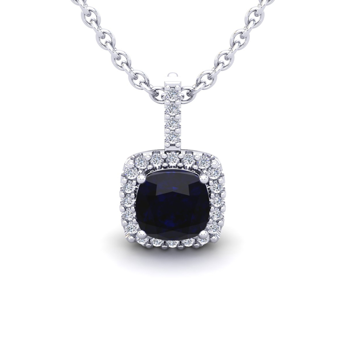 1.25 Carat Cushion Cut Sapphire & Halo Diamond Necklace in 14K White Gold (1.5 g), 18 Inches,  by SuperJeweler