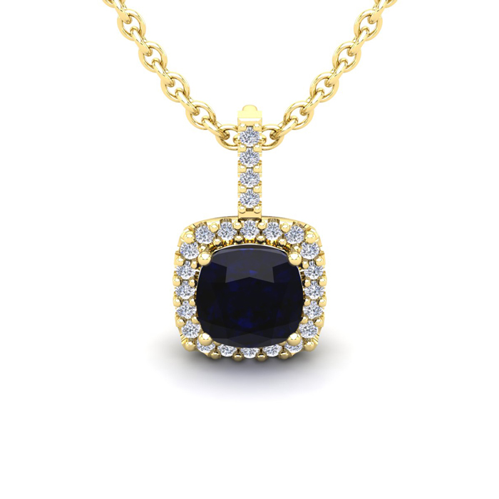 1.25 Carat Cushion Cut Sapphire & Halo Diamond Necklace in 14K Yellow Gold (1.5 g), 18 Inches,  by SuperJeweler