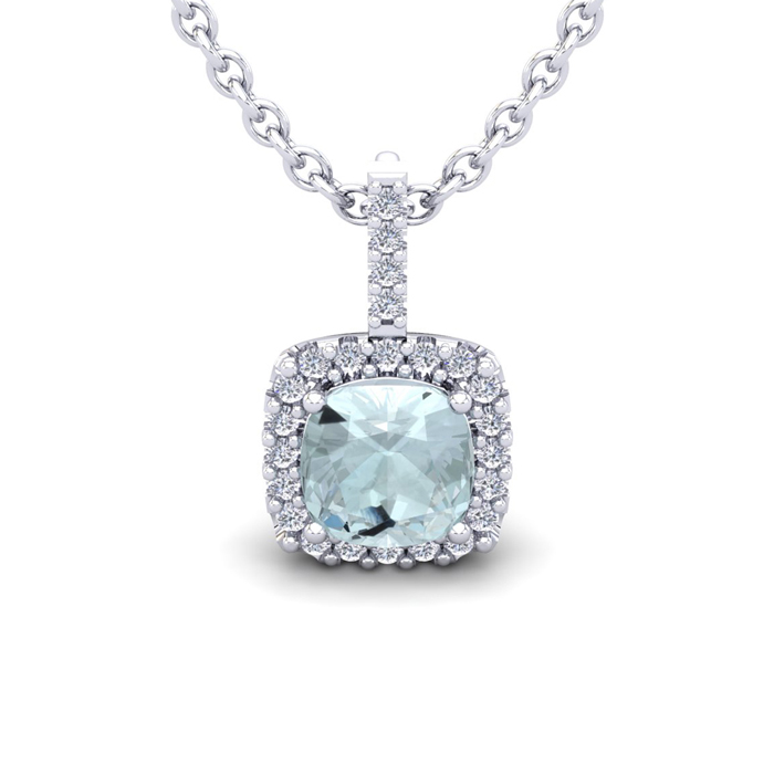 1 3/4 Carat Cushion Cut Aquamarine & Halo Diamond Necklace in 14K White Gold (2 g), 18 Inches,  by SuperJeweler