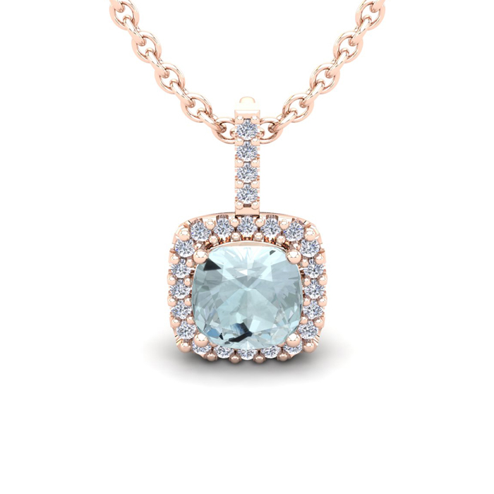 1 3/4 Carat Cushion Cut Aquamarine & Halo Diamond Necklace in 14K Rose Gold (2 g), 18 Inches,  by SuperJeweler