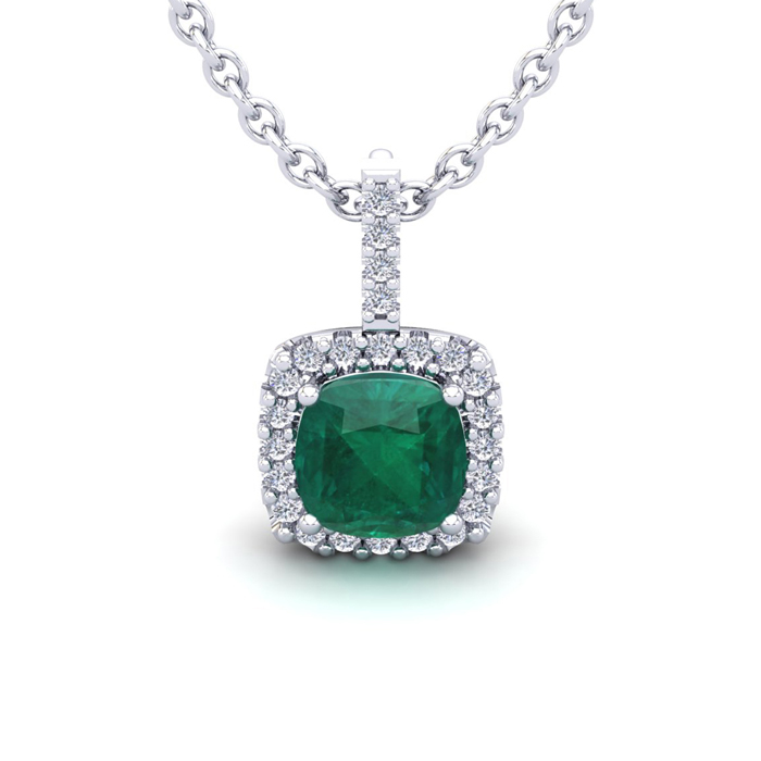 2 Carat Cushion Cut Emerald Cut Necklaces W/ Diamond Halo In 14K White Gold (2 G), 18 Inch Chain (I-J, SI2-I1) By SuperJeweler