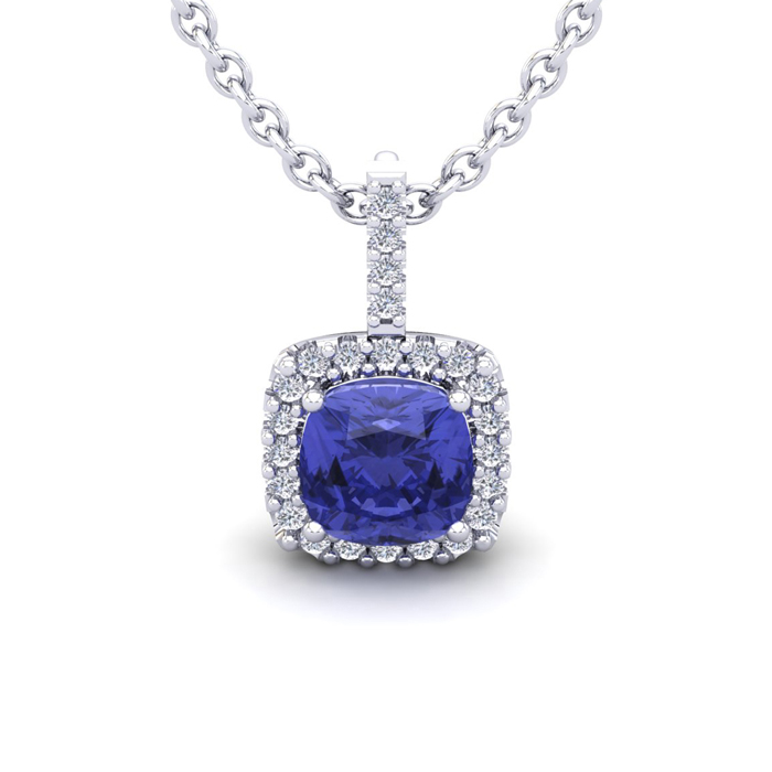 1 3/4 Carat Cushion Cut Tanzanite & Halo Diamond Necklace in 14K White Gold (2 g), 18 Inches,  by SuperJeweler