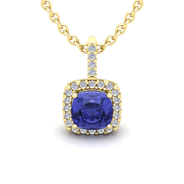 1 3/4 Carat Cushion Cut Tanzanite & Halo Diamond Necklace in 14K Yellow Gold (2 g), 18 Inches,  by SuperJeweler