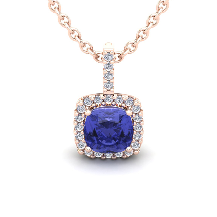 1 3/4 Carat Cushion Cut Tanzanite & Halo Diamond Necklace in 14K Rose Gold (2 g), 18 Inches,  by SuperJeweler