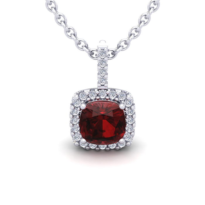 1 3/4 Carat Cushion Cut Garnet & Halo Diamond Necklace In 14K White Gold (2 G), 18 Inches, I/J By SuperJeweler