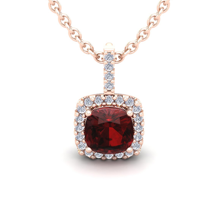 1 3/4 Carat Cushion Cut Garnet & Halo Diamond Necklace In 14K Rose Gold (2 G), 18 Inches, I/J By SuperJeweler