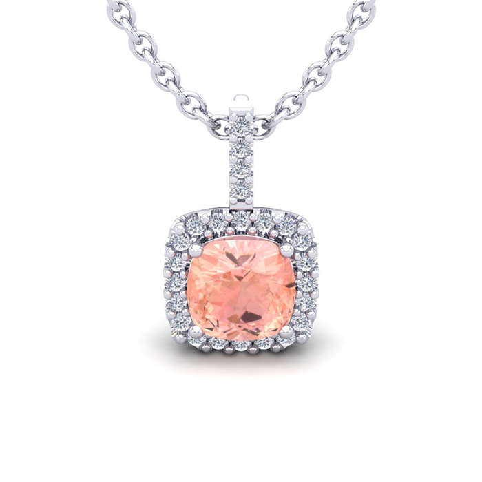 2 Carat Cushion Cut Morganite & Halo Diamond Necklace in 14K White Gold (2 g), 18 Inches,  by SuperJeweler