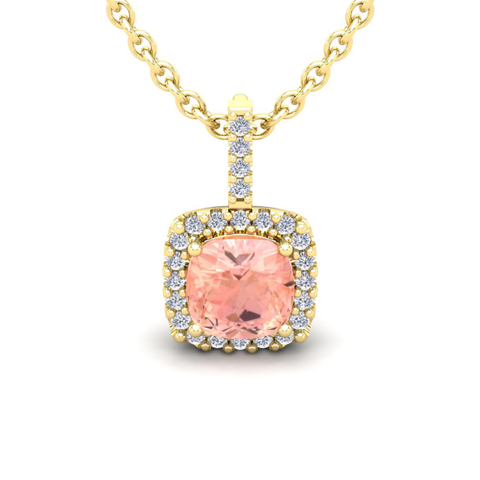 2 Carat Cushion Cut Morganite & Halo Diamond Necklace in 14K Yellow Gold (2 g), 18 Inches,  by SuperJeweler