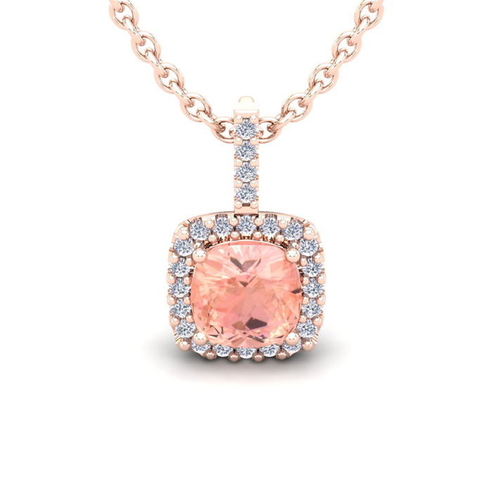 2 Carat Cushion Cut Morganite & Halo Diamond Necklace in 14K Rose Gold (2 g), 18 Inches,  by SuperJeweler