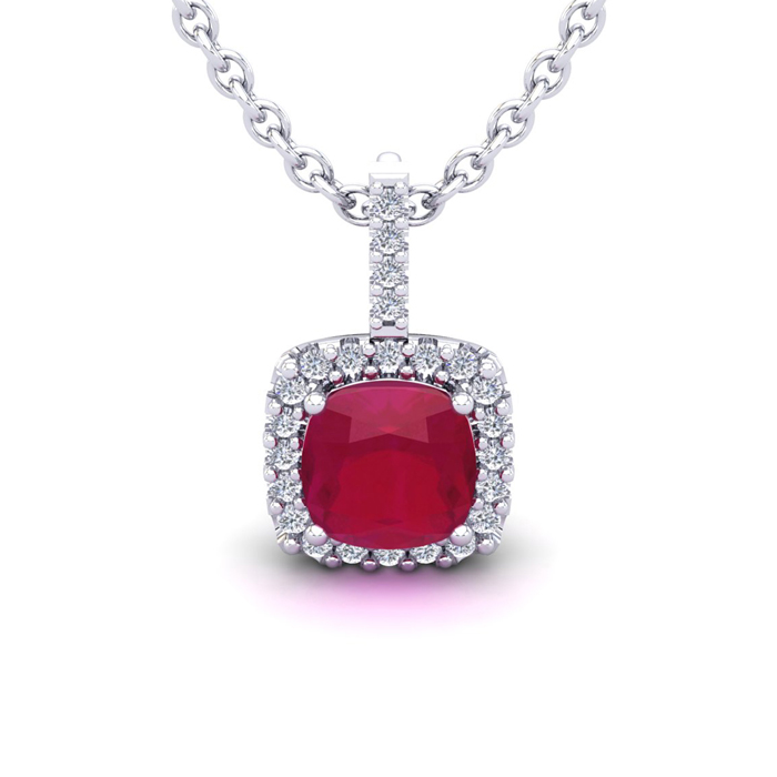 2 Carat Cushion Cut Ruby & Halo Diamond Necklace in 14K White Gold (2 g), 18 Inches,  by SuperJeweler