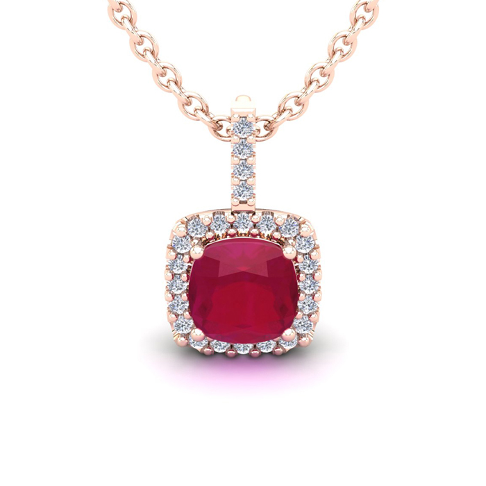 2 Carat Cushion Cut Ruby & Halo Diamond Necklace In 14K Rose Gold (2 G), 18 Inches, I/J By SuperJeweler