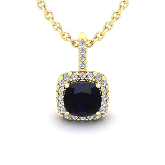 2 Carat Cushion Cut Sapphire & Halo Diamond Necklace in 14K Yellow Gold (2 g), 18 Inches,  by SuperJeweler