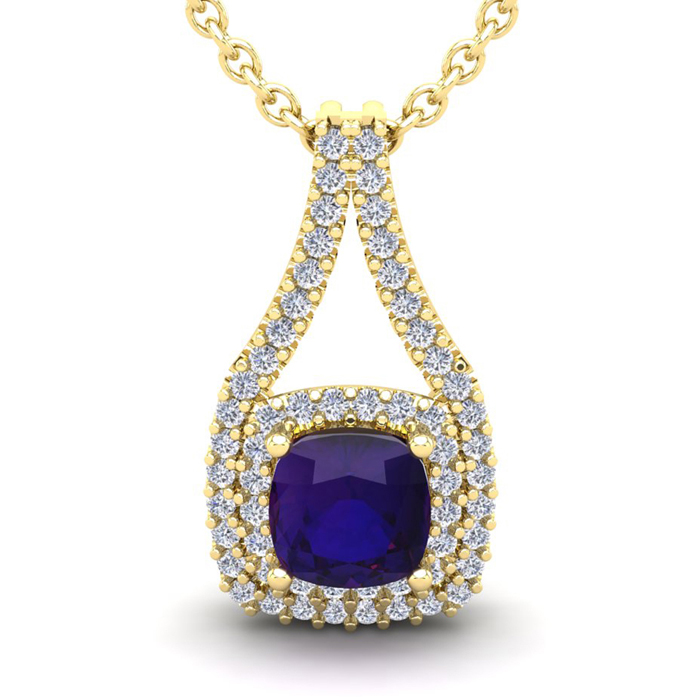 1 Carat Cushion Cut Amethyst & Double Halo Diamond Necklace in 14K Yellow Gold (2.8 g), 18 Inches,  by SuperJeweler