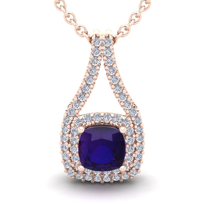 1 Carat Cushion Cut Amethyst & Double Halo Diamond Necklace in 14K Rose Gold (2.8 g), 18 Inches,  by SuperJeweler