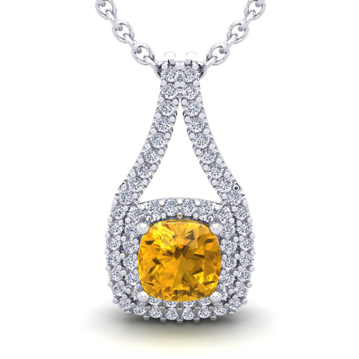 1 Carat Cushion Cut Citrine & Double Halo Diamond Necklace in 14K White Gold (2.8 g), 18 Inches,  by SuperJeweler