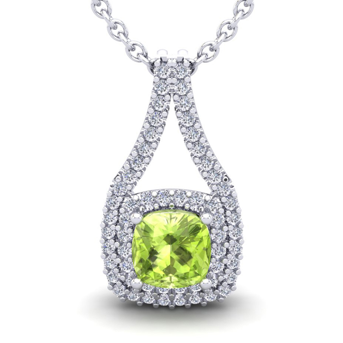 1 1/3 Carat Cushion Cut Peridot & Double Halo Diamond Necklace in 14K White Gold (2.8 g), 18 Inches,  by SuperJeweler