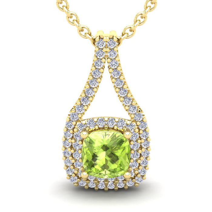 1 1/3 Carat Cushion Cut Peridot & Double Halo Diamond Necklace in 14K Yellow Gold (2.8 g), 18 Inches,  by SuperJeweler