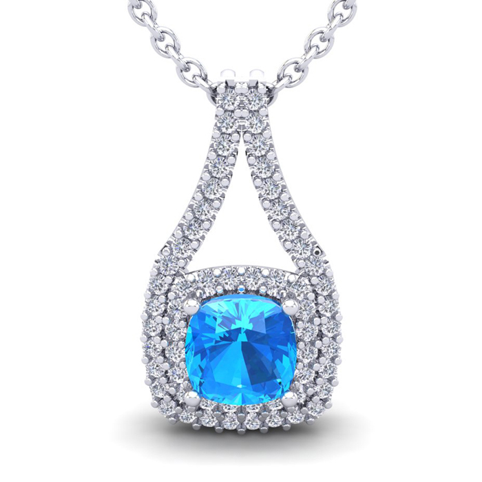 1.5 Carat Cushion Cut Blue Topaz & Double Halo Diamond Necklace in 14K White Gold (2.8 g), 18 Inches,  by SuperJeweler