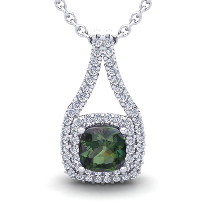 1 1/3 Carat Cushion Cut Mystic Topaz & Double Halo Diamond Necklace in 14K White Gold (2.8 g), 18 Inches,  by SuperJeweler