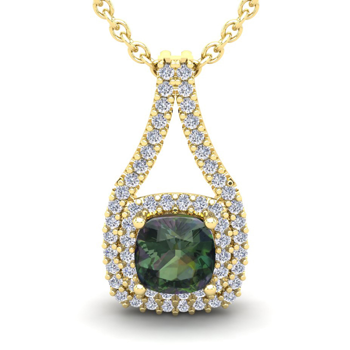 1 1/3 Carat Cushion Cut Mystic Topaz & Double Halo Diamond Necklace in 14K Yellow Gold (2.8 g), 18 Inches,  by SuperJeweler