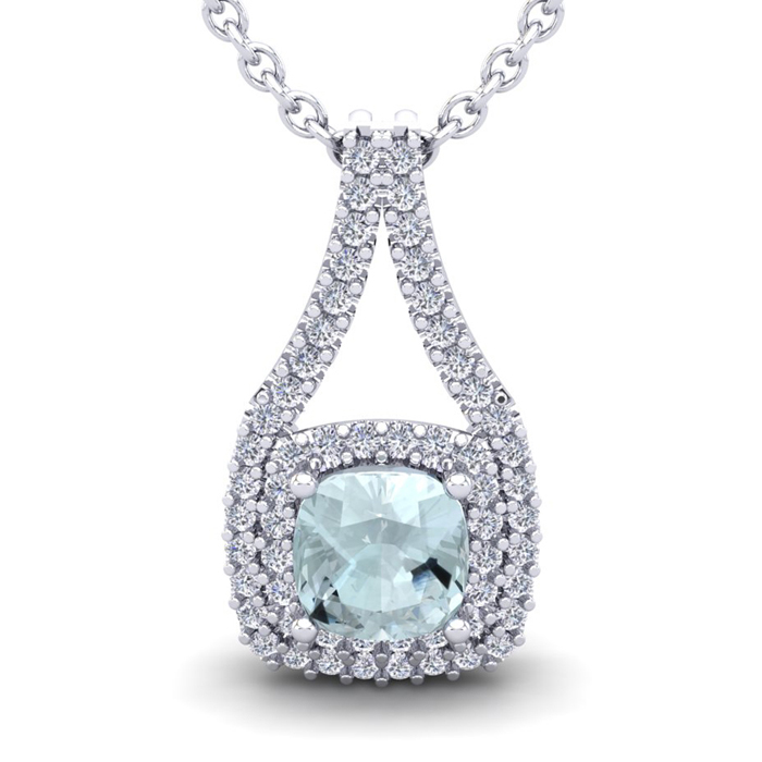 1 Carat Cushion Cut Aquamarine & Double Halo Diamond Necklace in 14K White Gold (2.8 g), 18 Inches,  by SuperJeweler