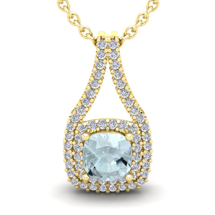 1 Carat Cushion Cut Aquamarine & Double Halo Diamond Necklace in 14K Yellow Gold (2.8 g), 18 Inches,  by SuperJeweler