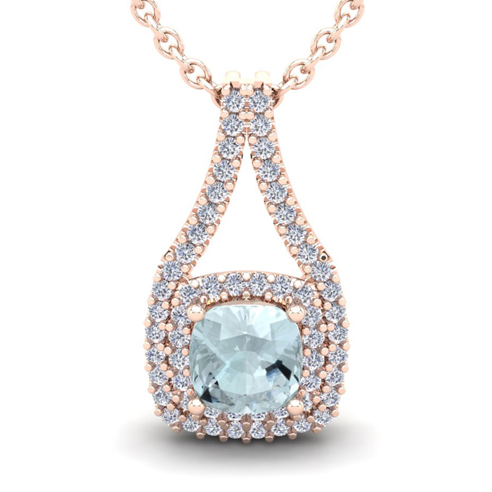 1 Carat Cushion Cut Aquamarine & Double Halo Diamond Necklace in 14K Yellow Gold (2.8 g), 18 Inches,  by SuperJeweler