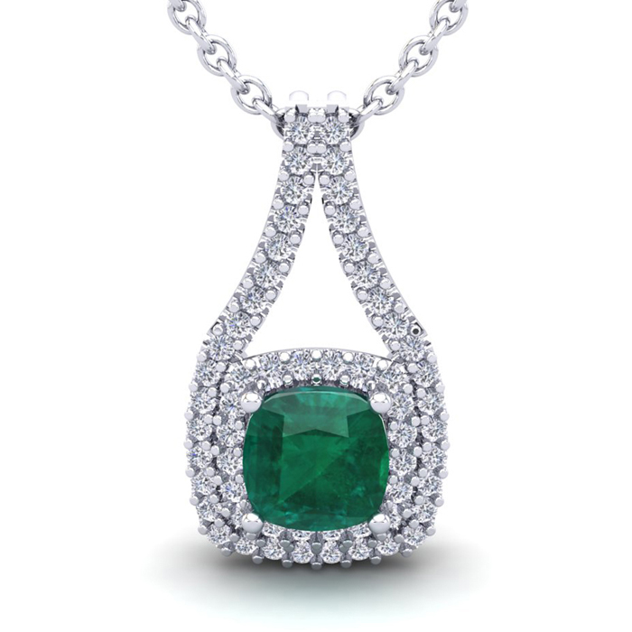 1.5 Carat Cushion Cut Emerald & Double Halo Diamond Necklace in 14K White Gold (2.8 g), 18 Inches,  by SuperJeweler