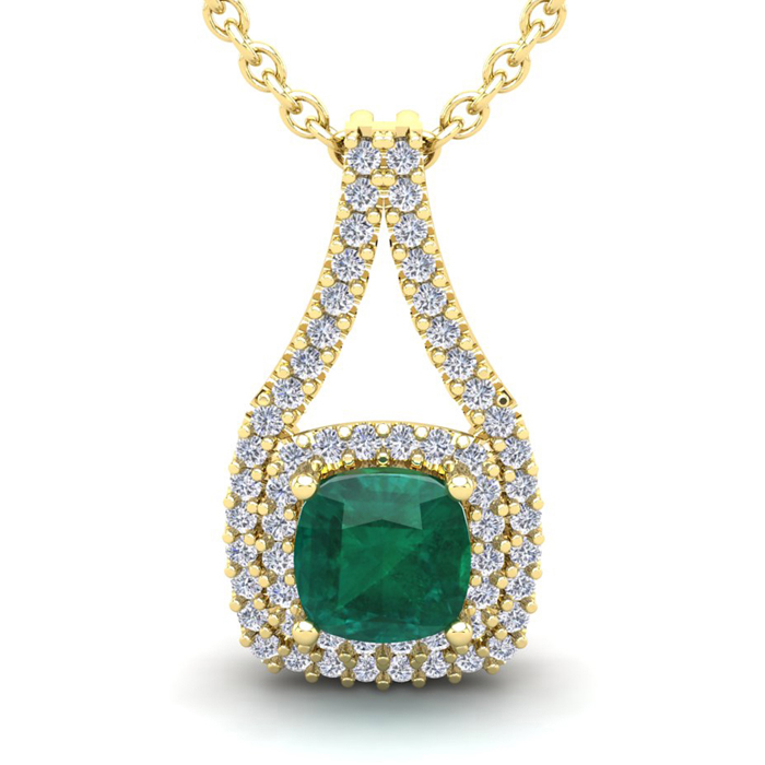 1-1/2 Carat Cushion Cut Emerald Cut Necklaces W/ Double Halo Diamonds In 14K Yellow Gold (2.8 G), 18 Inch Chain (I-J, SI2-I1) By SuperJeweler