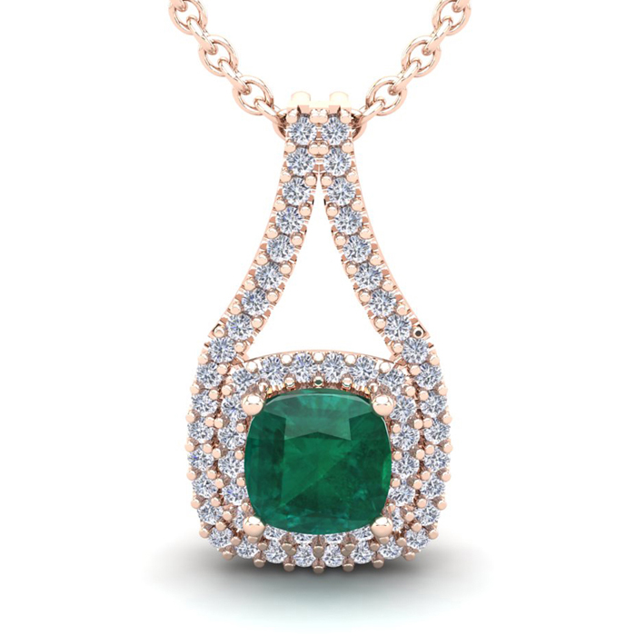 1.5 Carat Cushion Cut Emerald & Double Halo Diamond Necklace in 14K Rose Gold (2.8 g), 18 Inches,  by SuperJeweler