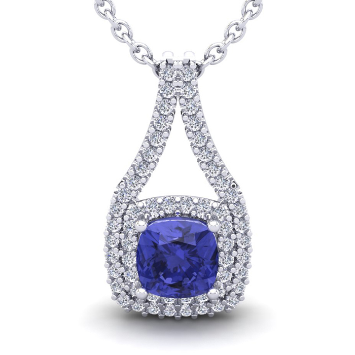 1 1/3 Carat Cushion Cut Tanzanite & Double Halo Diamond Necklace in 14K White Gold (2.8 g), 18 Inches,  by SuperJeweler