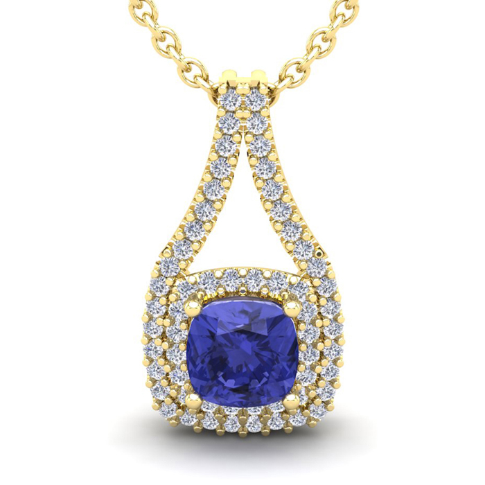 1 1/3 Carat Cushion Cut Tanzanite & Double Halo Diamond Necklace in 14K Yellow Gold (2.8 g), 18 Inches,  by SuperJeweler