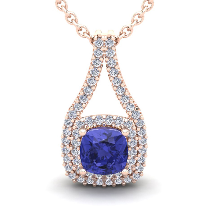 1 1/3 Carat Cushion Cut Tanzanite & Double Halo Diamond Necklace in 14K Rose Gold (2.8 g), 18 Inches,  by SuperJeweler