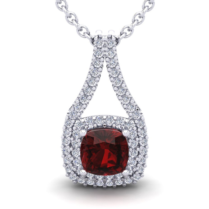 1.5 Carat Cushion Cut Garnet & Double Halo Diamond Necklace in 14K White Gold (2.8 g), 18 Inches,  by SuperJeweler