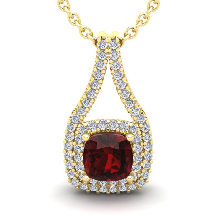 1.5 Carat Cushion Cut Garnet & Double Halo Diamond Necklace in 14K Yellow Gold (2.8 g), 18 Inches,  by SuperJeweler