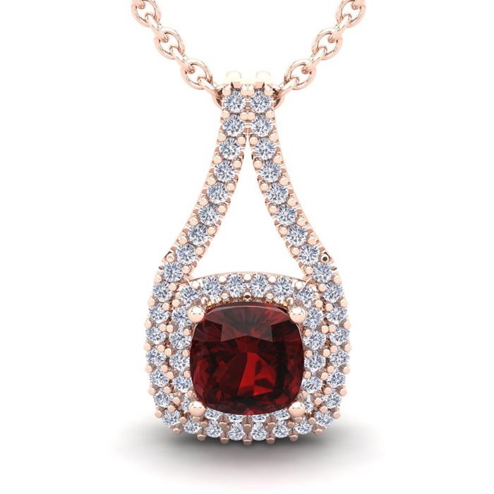 1.5 Carat Cushion Cut Garnet & Double Halo Diamond Necklace in 14K Rose Gold (2.8 g), 18 Inches,  by SuperJeweler