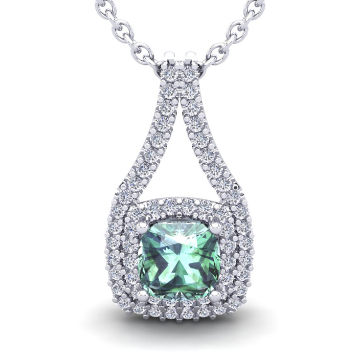 1 Carat Cushion Cut Green Amethyst & Double Halo Diamond Necklace in 14K White Gold (2.8 g), 18 Inches,  by SuperJeweler