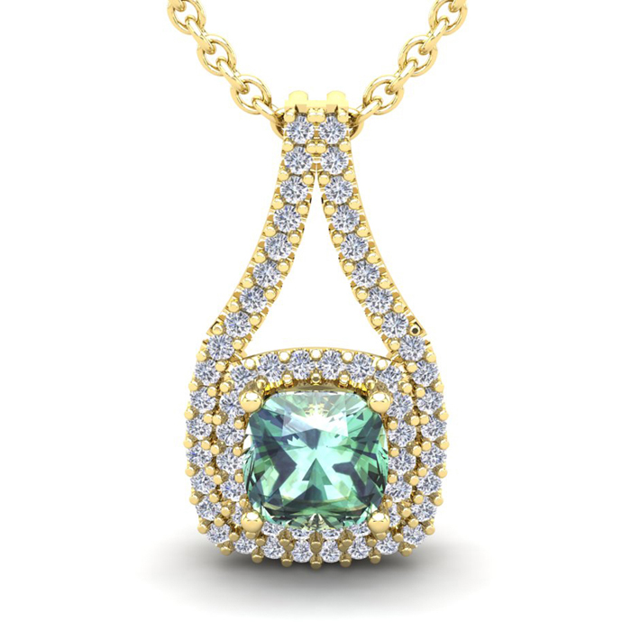 1 Carat Cushion Cut Green Amethyst & Double Halo Diamond Necklace in 14K Yellow Gold (2.8 g), 18 Inches,  by SuperJeweler