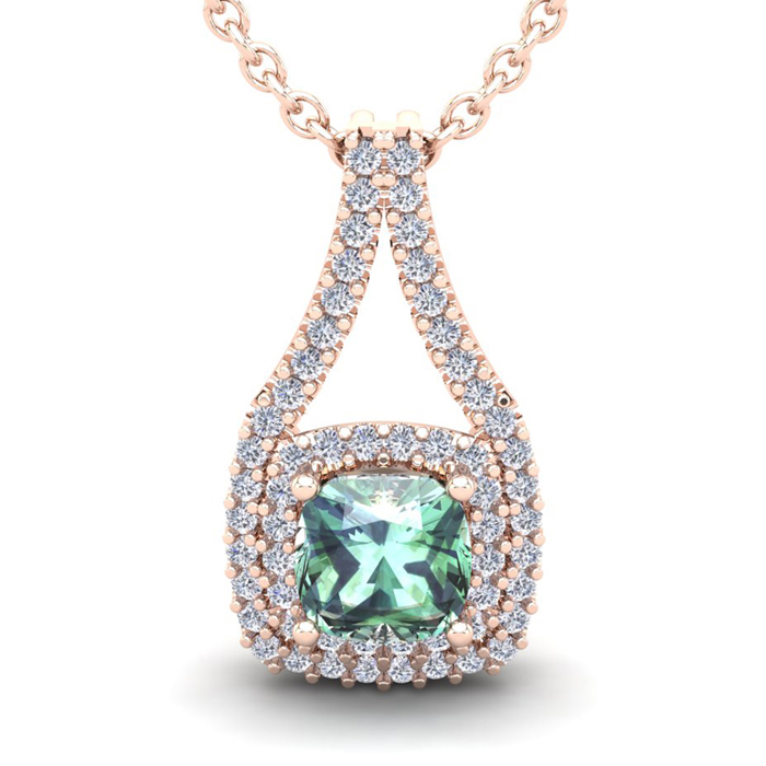 1 Carat Cushion Cut Green Amethyst & Double Halo Diamond Necklace in 14K Rose Gold (2.8 g), 18 Inches,  by SuperJeweler