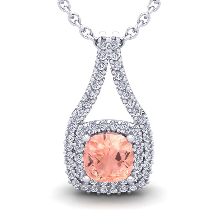 1.25 Carat Cushion Cut Morganite & Double Halo Diamond Necklace in 14K White Gold (2.8 g), 18 Inches,  by SuperJeweler