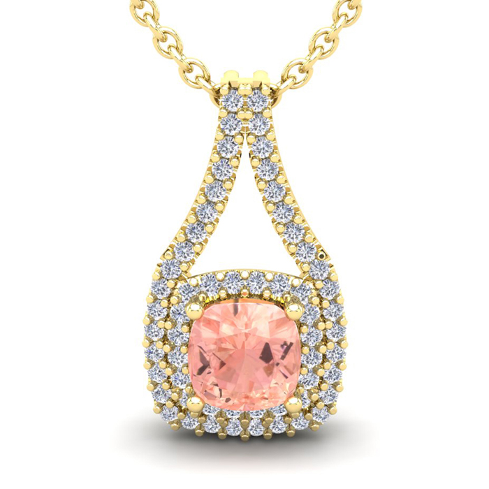 1.25 Carat Cushion Cut Morganite & Double Halo Diamond Necklace in 14K Yellow Gold (2.8 g), 18 Inches,  by SuperJeweler