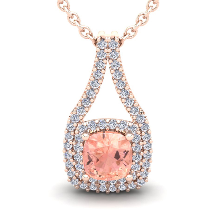 1.25 Carat Cushion Cut Morganite & Double Halo Diamond Necklace in 14K Rose Gold (2.8 g), 18 Inches,  by SuperJeweler