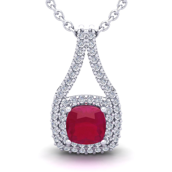 1 2/3 Carat Cushion Cut Ruby & Double Halo Diamond Necklace In 14K White Gold (2.8 G), 18 Inches, I/J By SuperJeweler