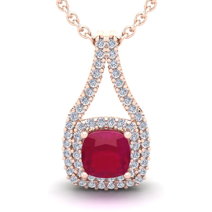 1 2/3 Carat Cushion Cut Ruby & Double Halo Diamond Necklace In 14K Rose Gold (2.8 G), 18 Inches, I/J By SuperJeweler