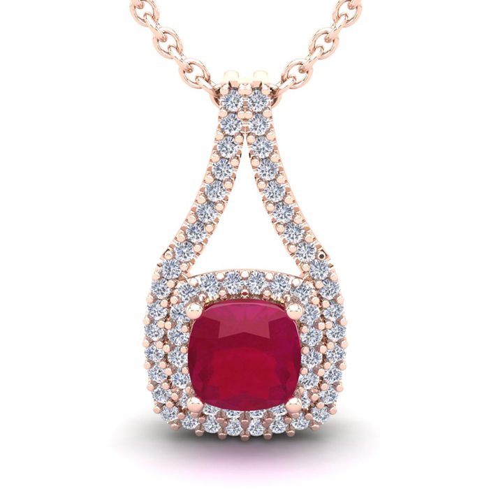 1 2/3 Carat Cushion Cut Ruby & Double Halo Diamond Necklace in 14K Rose Gold (2.8 g), 18 Inches,  by SuperJeweler