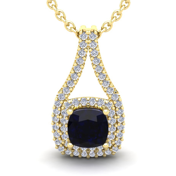 1 1/3 Carat Cushion Cut Sapphire & Double Halo Diamond Necklace in 14K Yellow Gold (2.8 g), 18 Inches,  by SuperJeweler